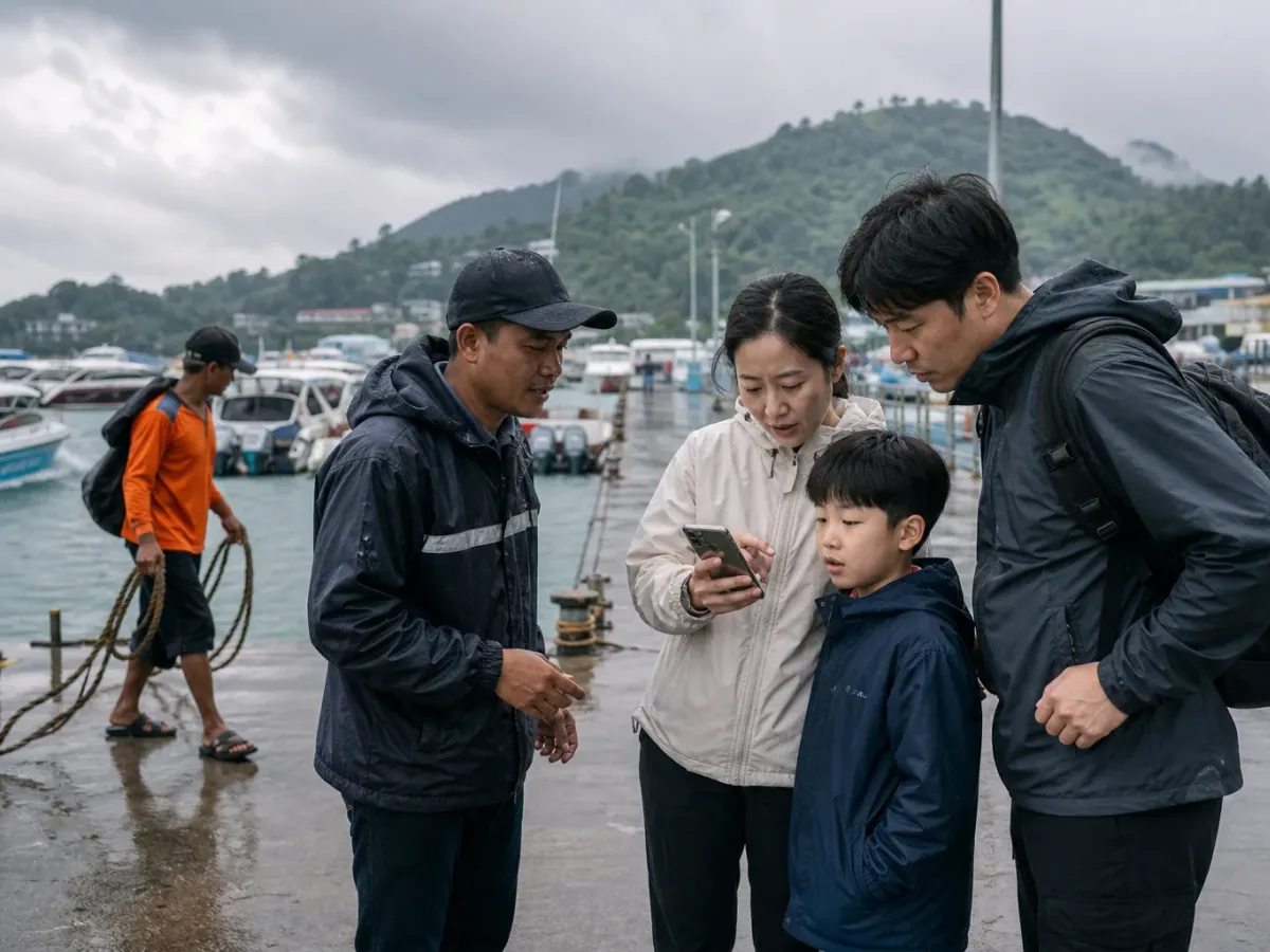 안다만해 선착장에서 기상 정보를 확인하는 한국인 여행객과 태국 직원