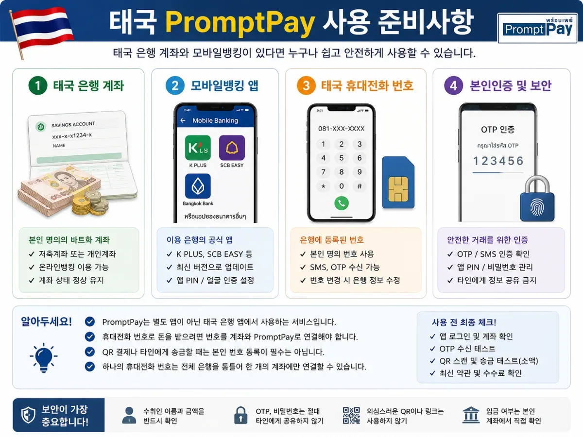 태국 PromptPay 사용에 필요한 은행 계좌·모바일뱅킹 앱·휴대전화 번호·본인인증 안내