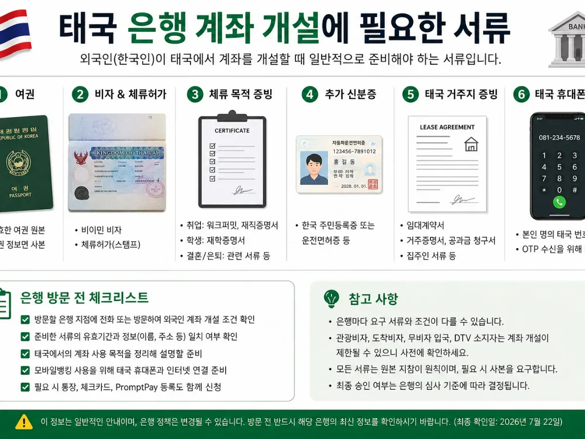 태국 은행 계좌 개설에 필요한 여권·비자·체류 목적 증빙·거주지 서류·태국 휴대전화 번호 안내