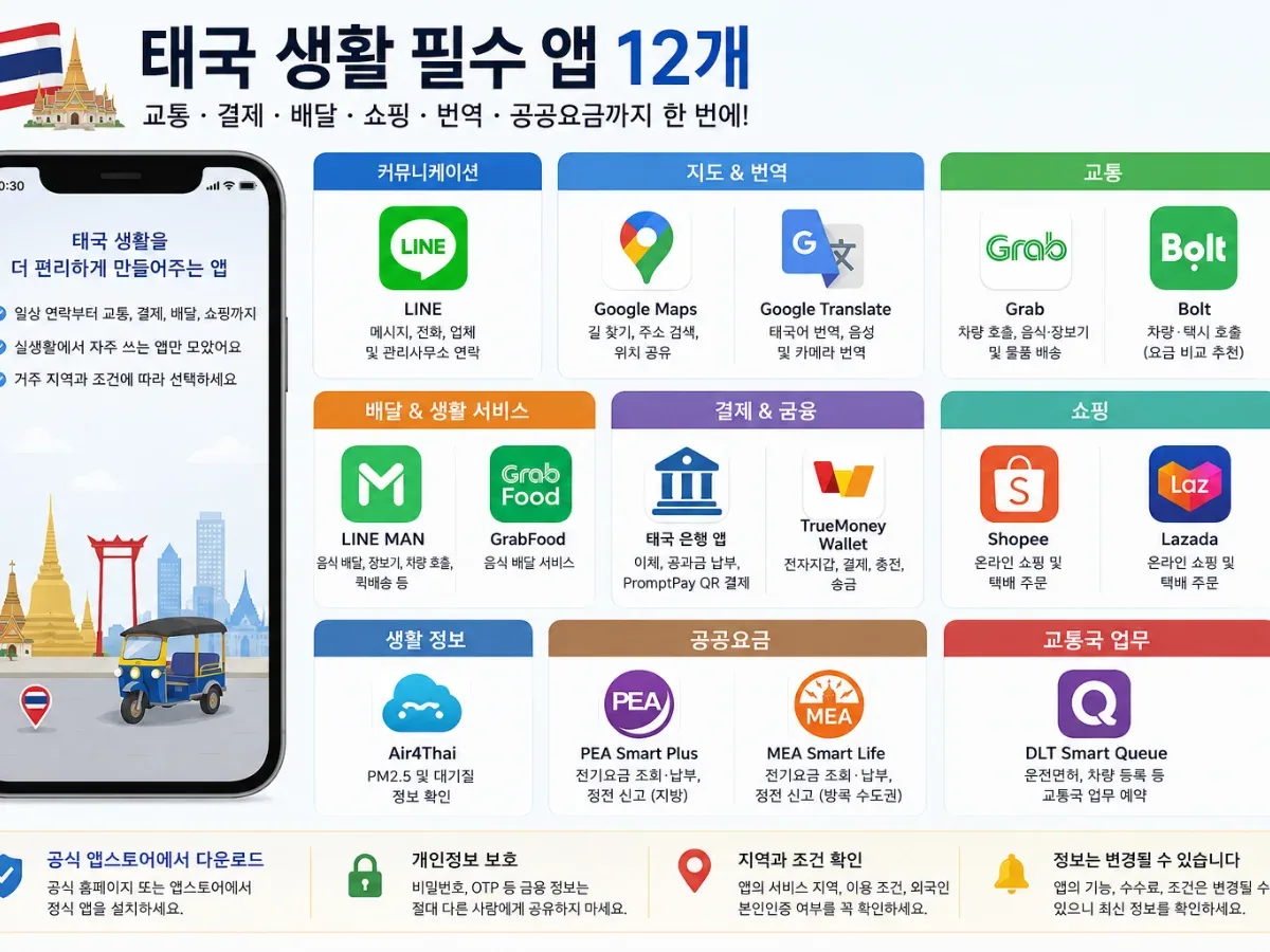 태국 거주 한국인을 위한 교통·결제·배달·쇼핑·번역·공공요금 필수 앱 12개 안내