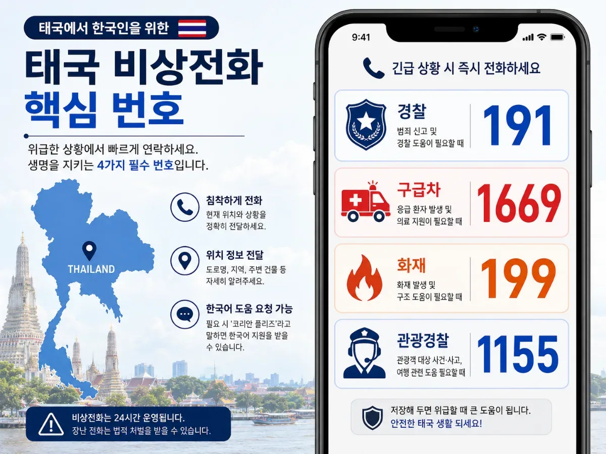태국 비상전화 191·1669·199·1155와 신고 방법을 안내하는 한국어 인포그래픽