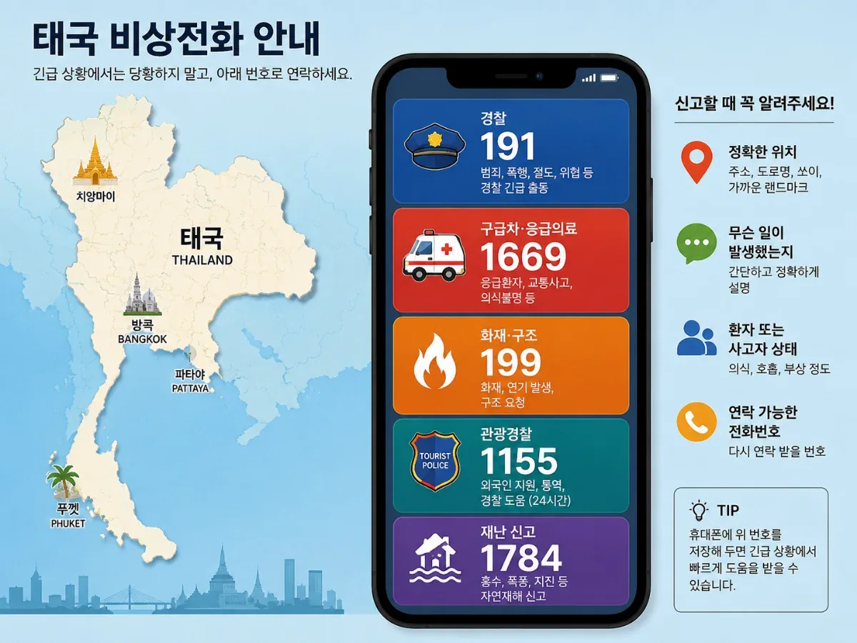 태국 지도와 경찰·구급차·화재·관광경찰·재난 신고 번호를 정리한 비상전화 안내