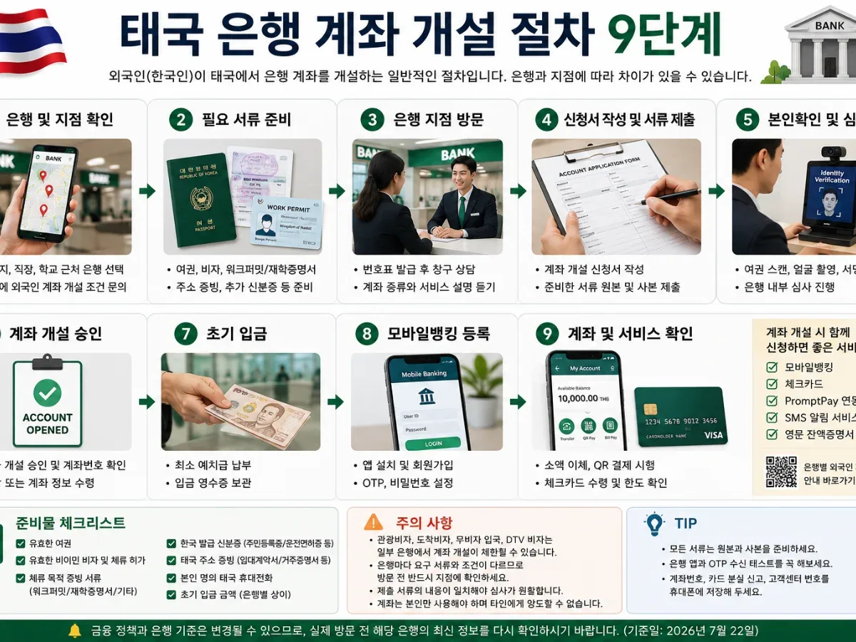 태국 은행 지점 확인부터 서류 제출·본인확인·초기 입금·모바일뱅킹 등록까지 계좌 개설 9단계