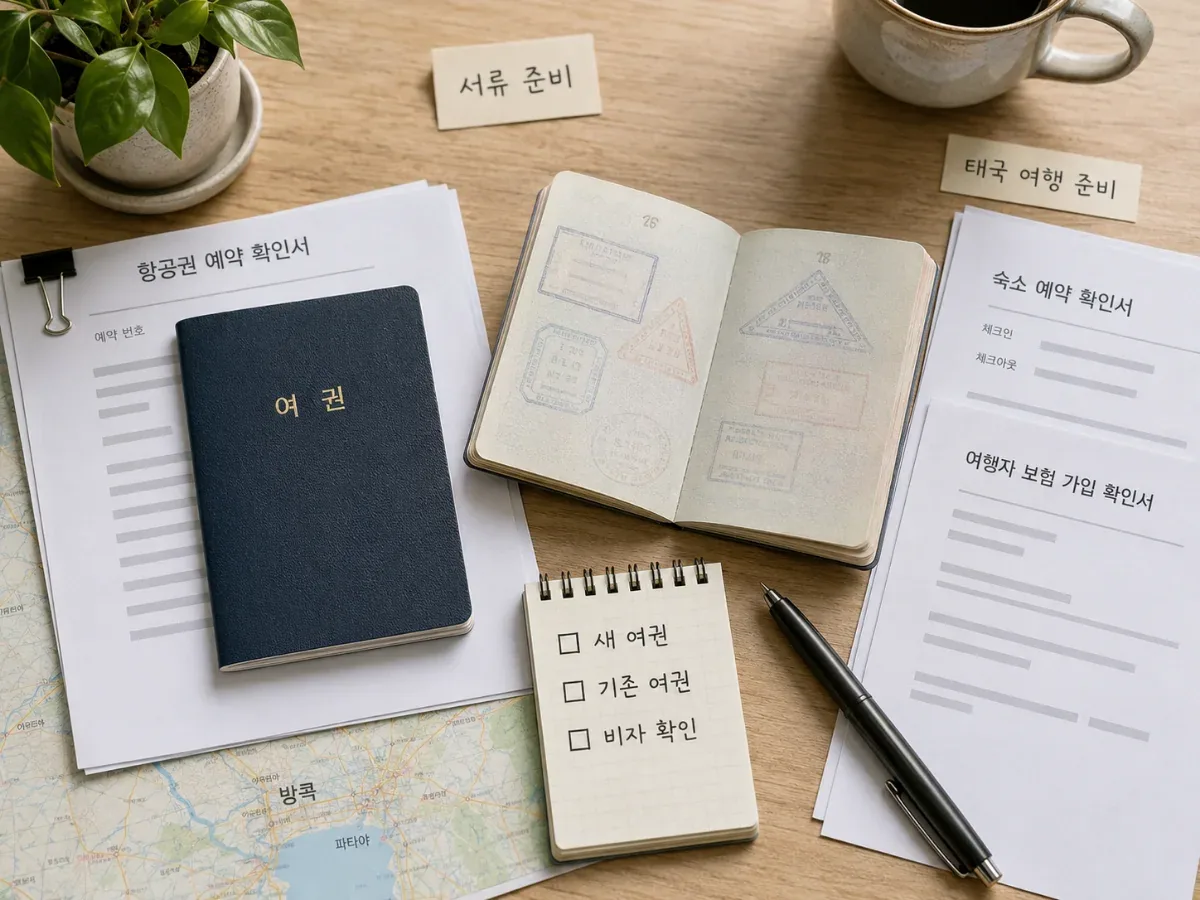 새 여권과 기존 여권의 태국 체류 기록을 확인하기 위해 서류를 정리한 모습