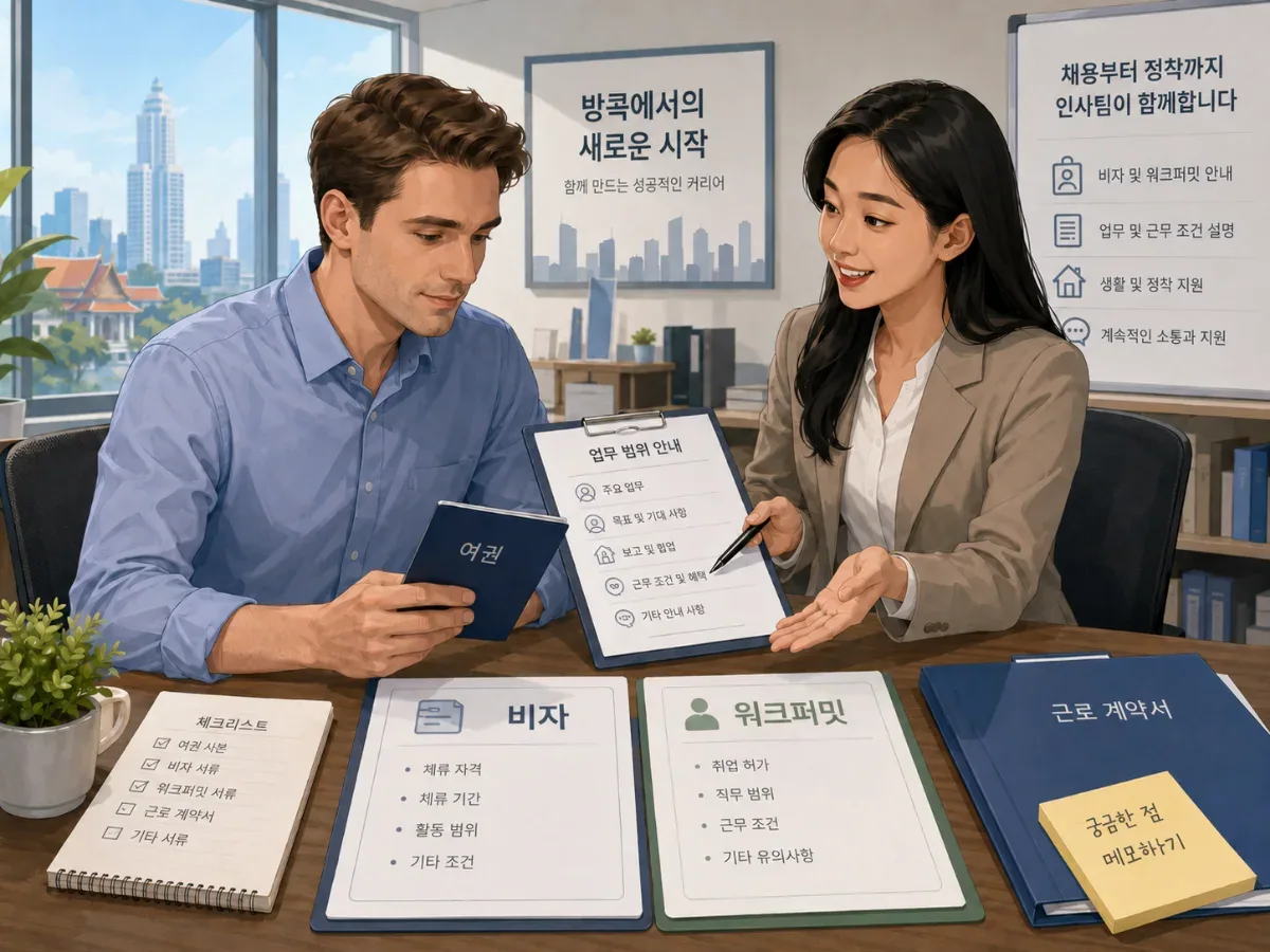 비자와 워크퍼밋의 차이를 확인하는 태국 취업 준비자 편집 일러스트레이션