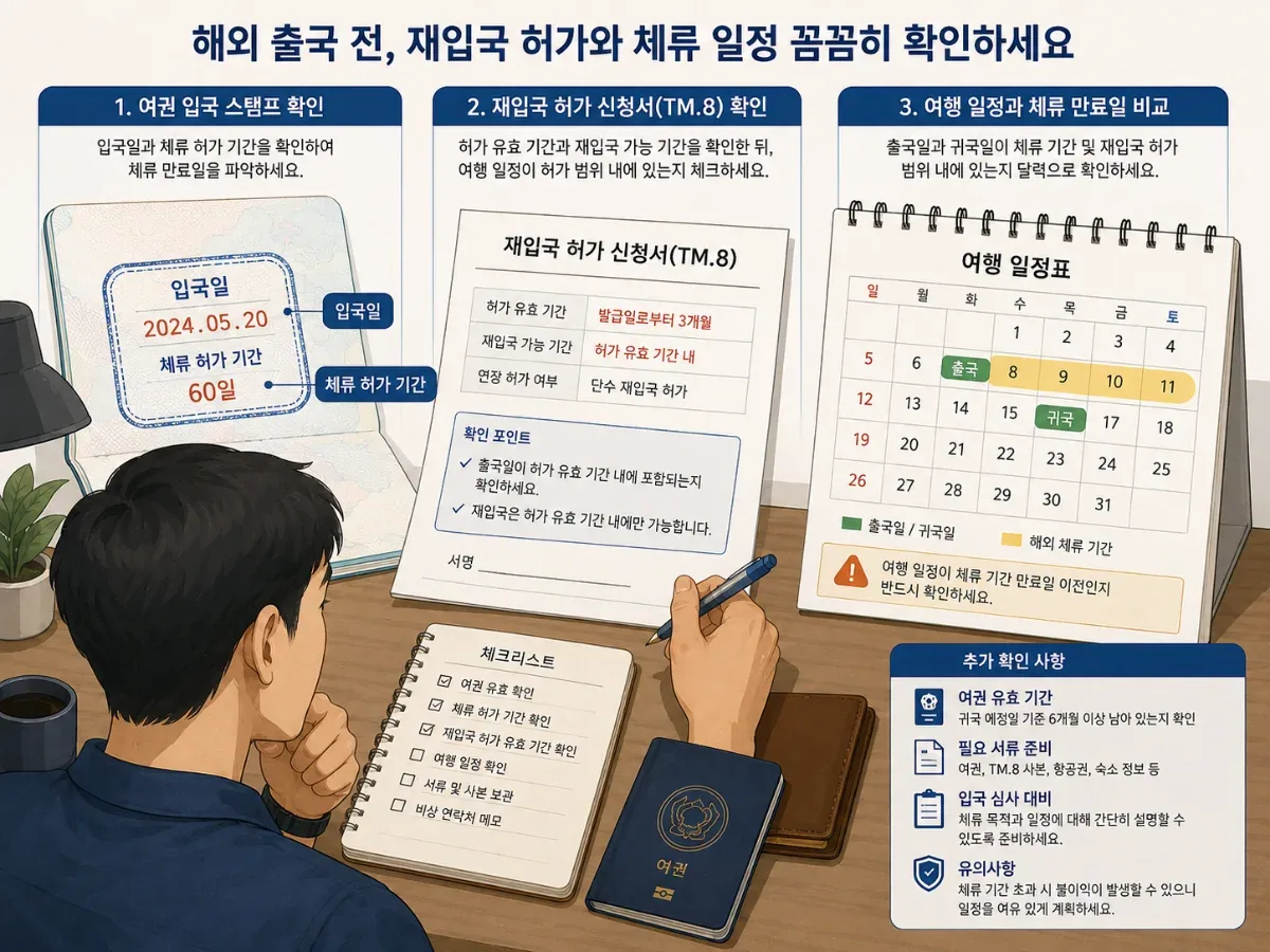 태국 체류 허가와 TM.8 재입국허가 신청서를 확인하는 여행자 일러스트
