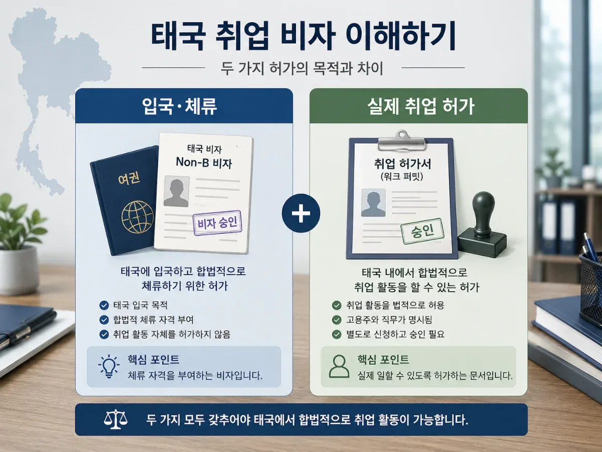 태국 Non-B 비자와 워크퍼밋의 역할 차이를 보여 주는 한국어 비교 일러스트