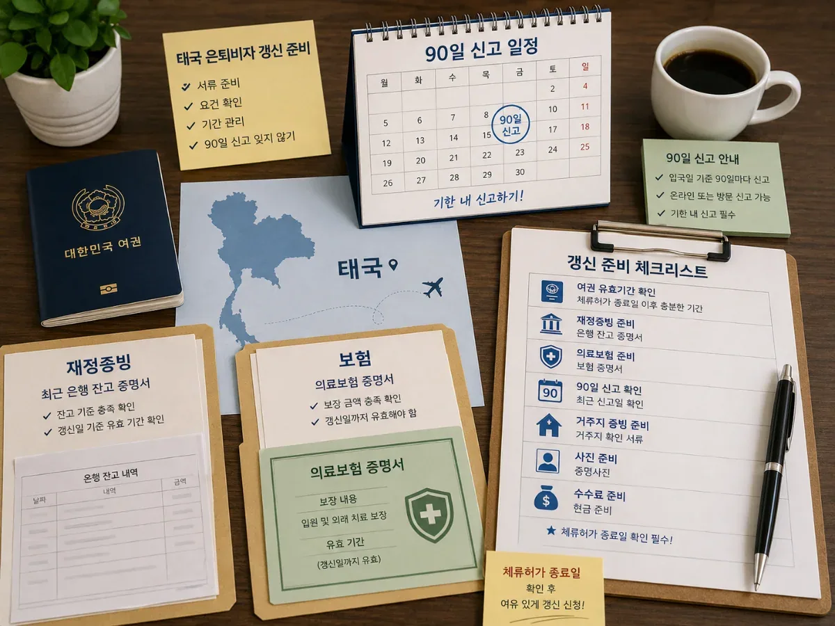 태국 은퇴비자 갱신 서류와 90일 신고 일정을 정리한 책상 일러스트