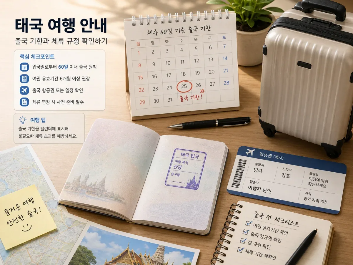 여권의 태국 체류 허가 종료일과 출국 일정을 확인하는 서류 장면