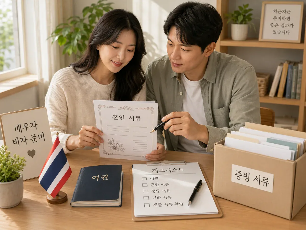 태국 결혼비자 서류를 함께 점검하는 부부의 편집 일러스트