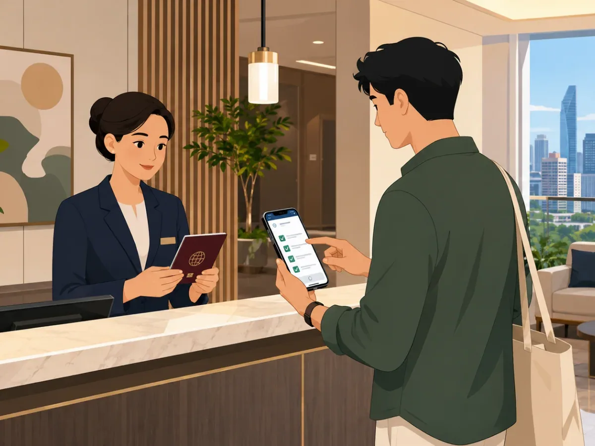태국 콘도 관리자가 외국인 거주자의 TM30 신고 정보를 확인하는 일러스트