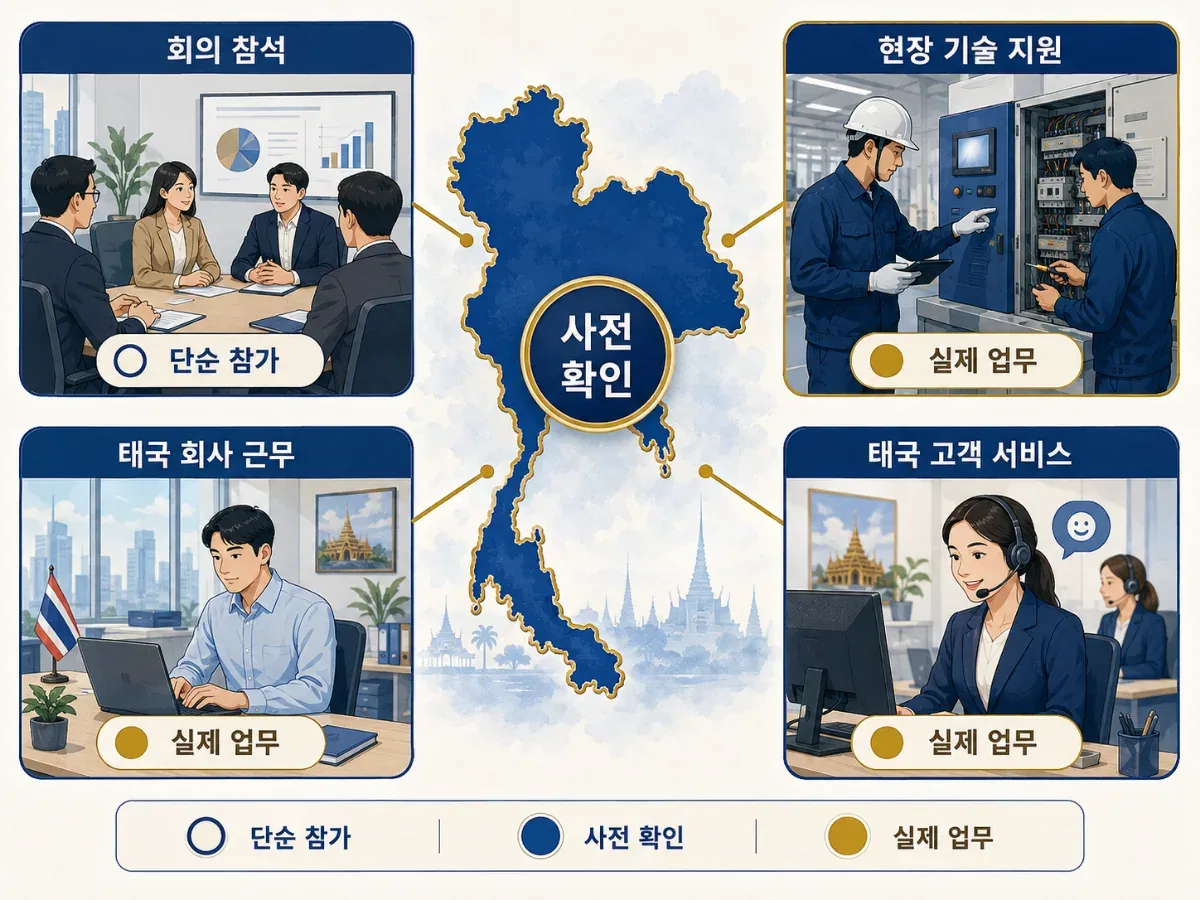태국에서 단순 방문과 실제 업무를 구분해 보여주는 편집 인포그래픽