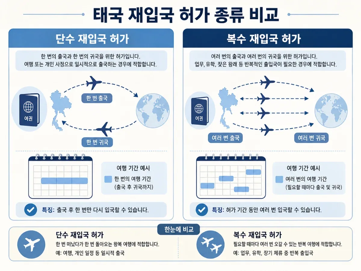 단수와 복수 태국 재입국허가의 차이를 보여주는 비교 일러스트