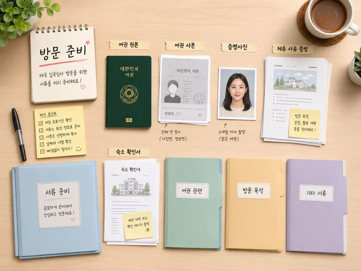태국 출입국사무소 방문을 위해 여권과 사본 및 증빙 서류를 정리한 모습