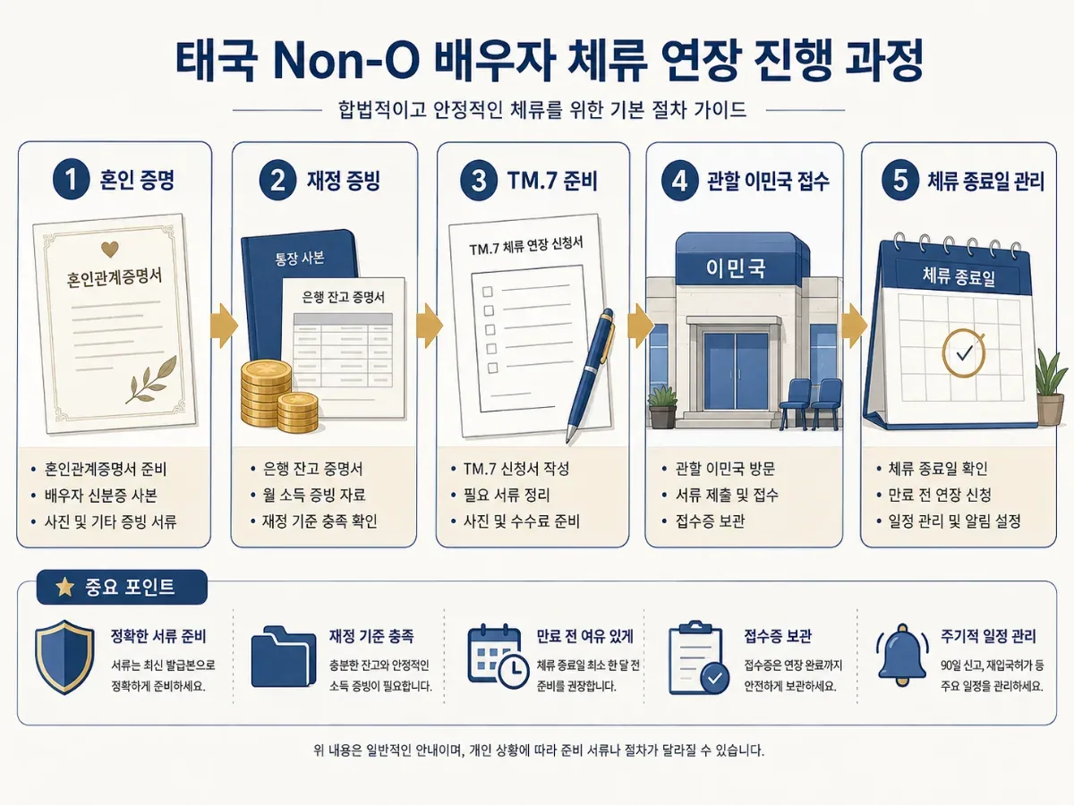 태국 Non-O 배우자 체류 연장 준비 절차를 보여주는 한국어 인포그래픽