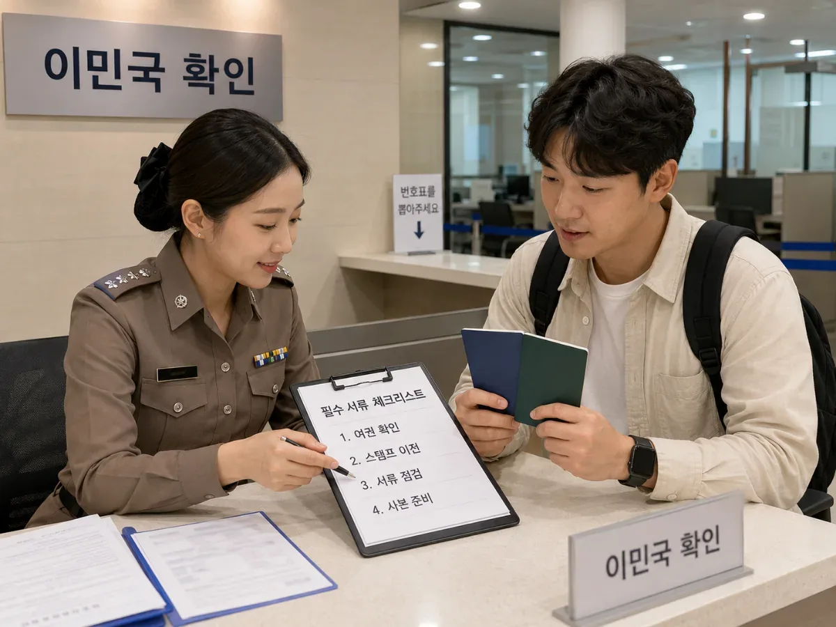 태국 이민국 창구에서 새 여권의 스탬프 이전 절차를 확인하는 방문객