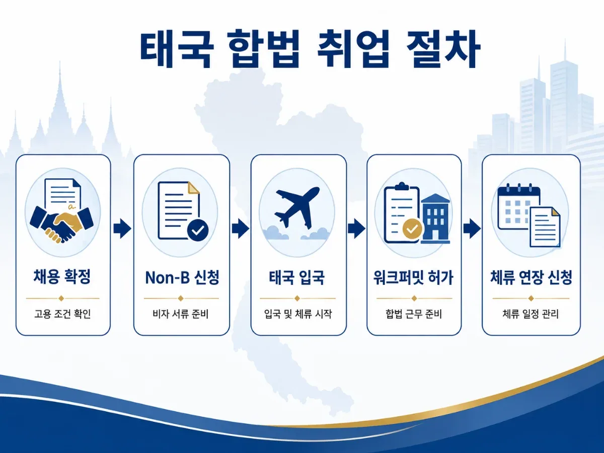 태국 취업을 위한 Non-B 비자와 워크퍼밋의 일반적인 5단계 절차 일러스트