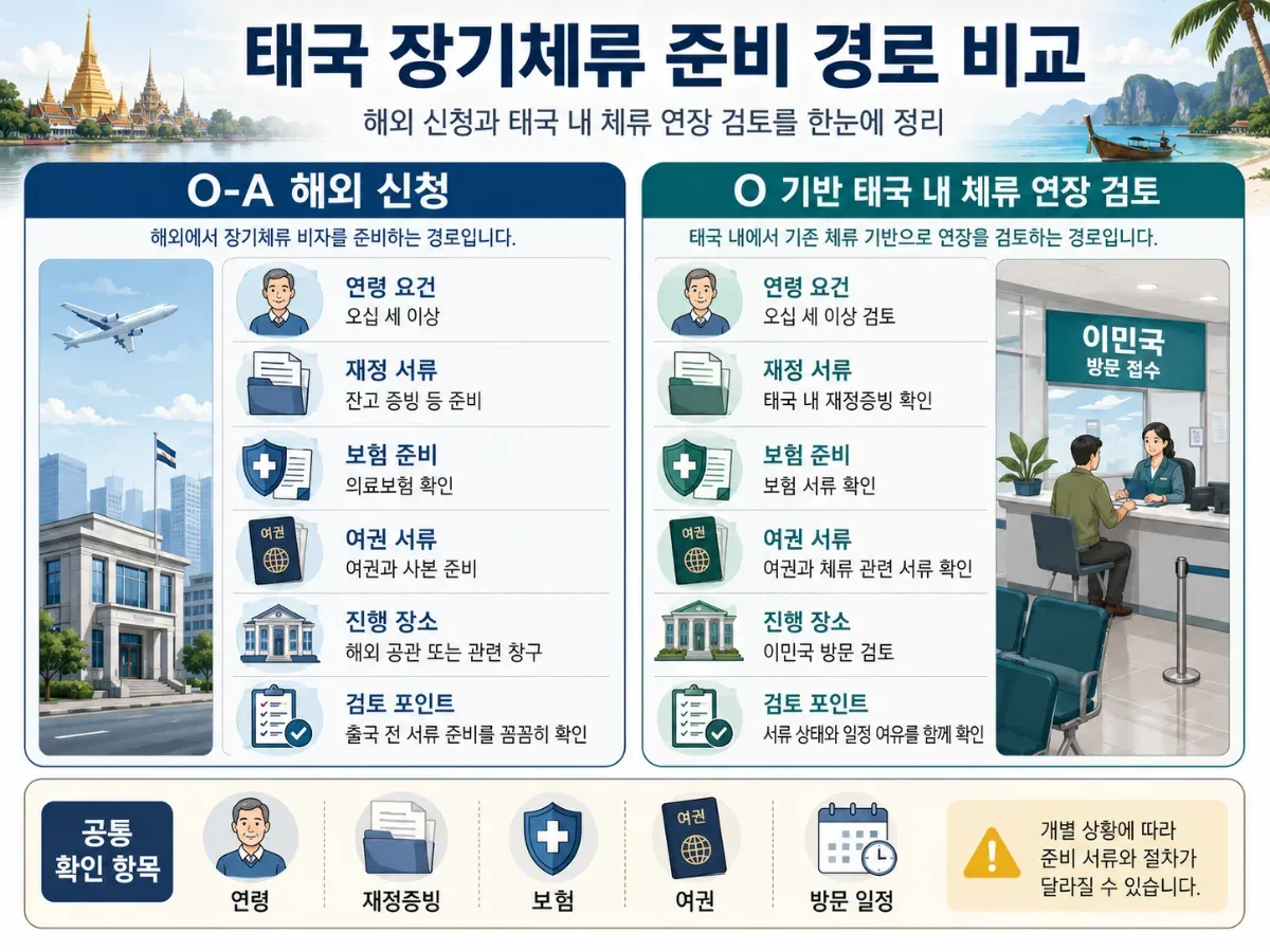태국 O-A 비자와 O 기반 체류 연장 경로를 비교한 인포그래픽 일러스트