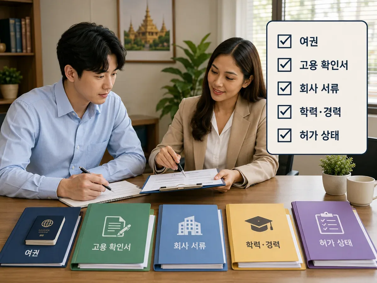 태국 취업비자와 워크퍼밋 신청에 필요한 서류를 점검하는 모습의 한국어 일러스트