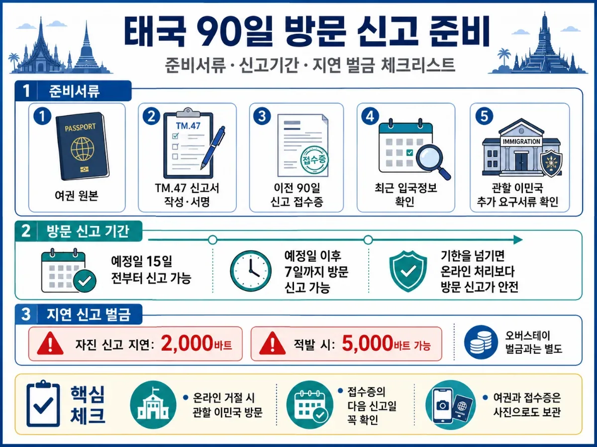 태국 90일 방문 신고 준비서류·신고기간·지연 신고 벌금 확인 안내