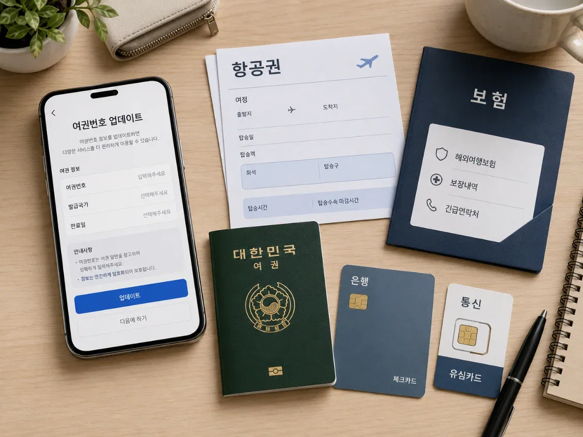 새 여권번호에 맞춰 항공권과 은행, 통신 정보를 업데이트하는 생활 관리 이미지