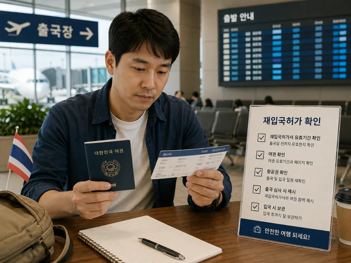 태국 출국 전 재입국허가를 확인하는 여행자의 편집 일러스트