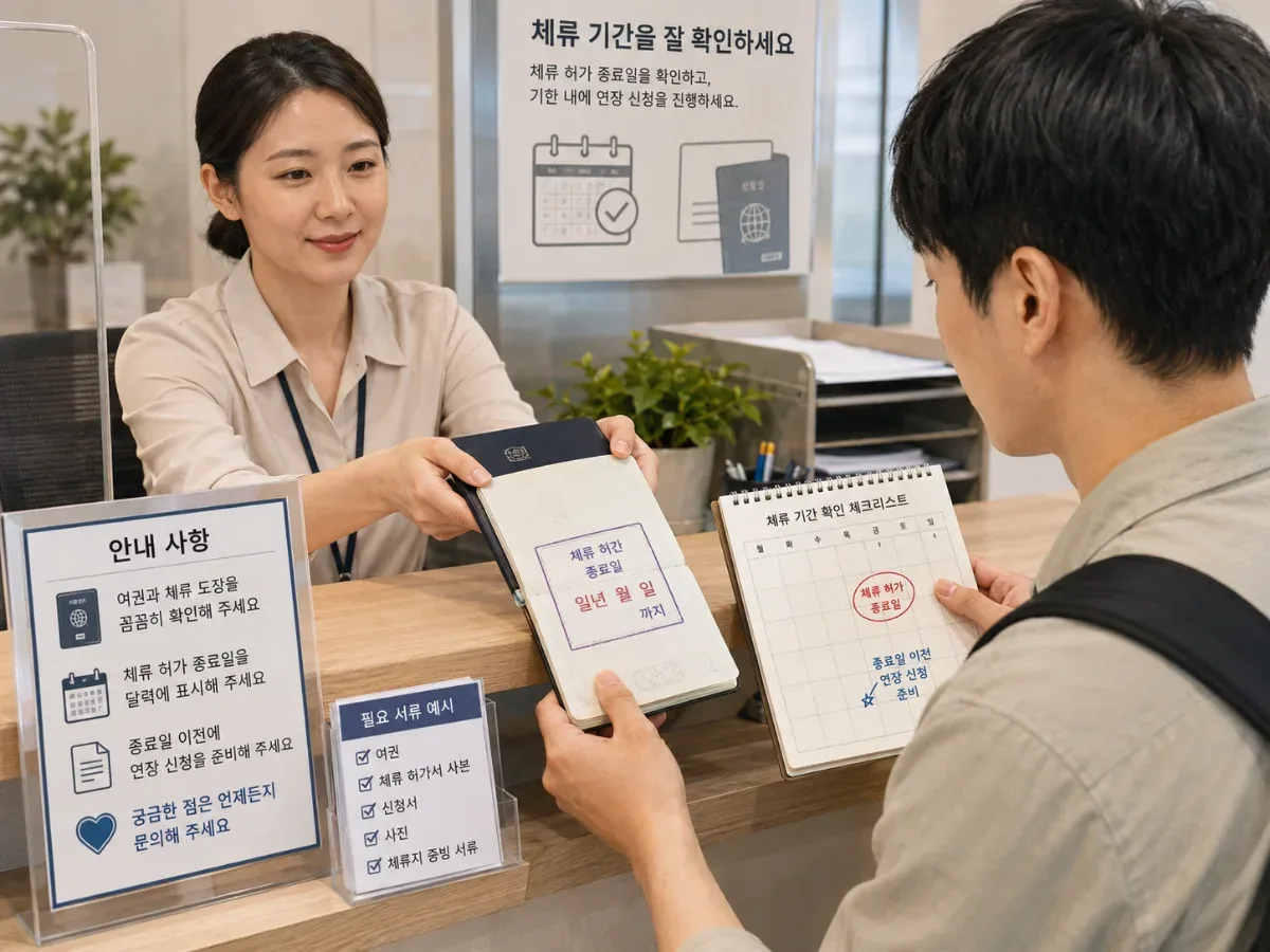 출입국사무소 접수 후 여권의 새 체류 허가 종료일을 확인하는 모습