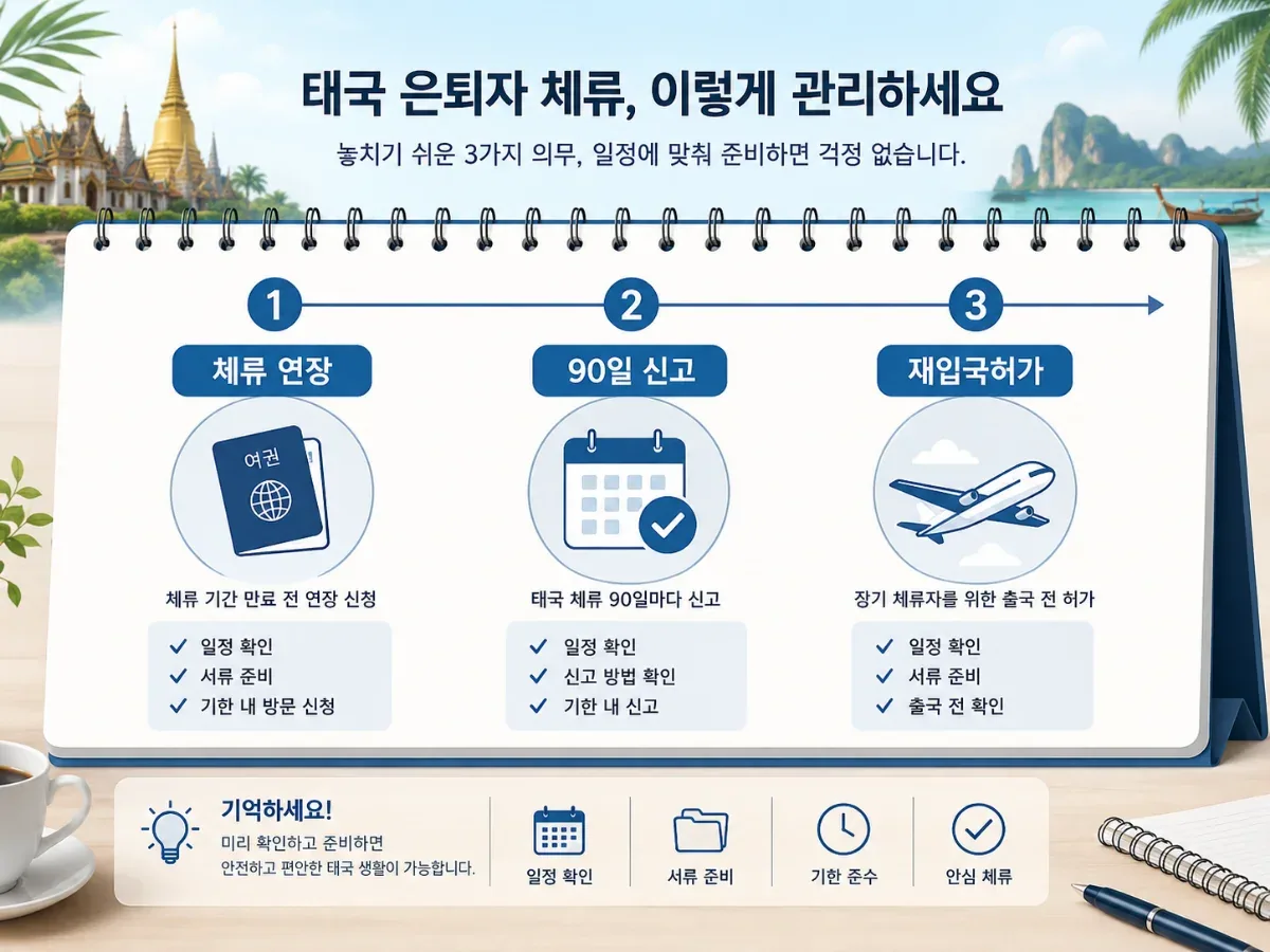 태국 은퇴 체류 중 체류 연장과 90일 신고, 재입국허가 일정을 보여주는 일러스트