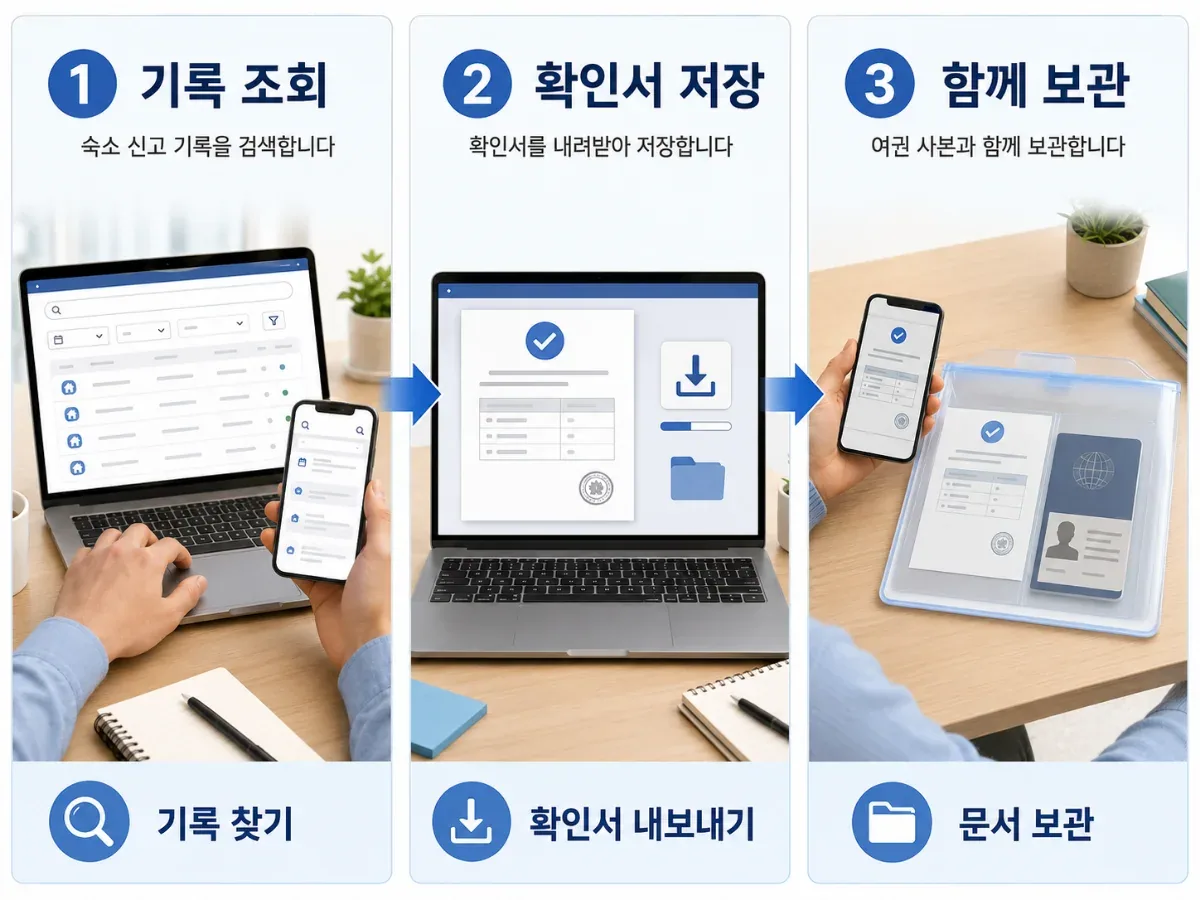 숙소 관리자가 TM30 신고 내역을 검색하고 증빙을 저장하는 과정 일러스트